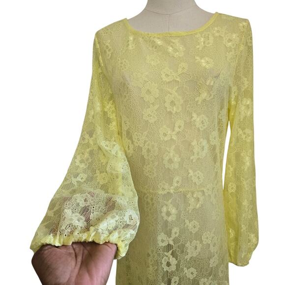 Open Edit Yellow Floral Sheer Lace Maxi Dress M Deep V Back Cottage Boho Y2K - Picture 3 of 11